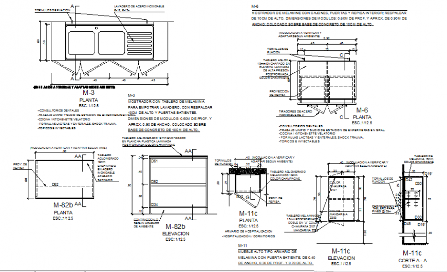 Plan of kitchen furniture with detail in auto cad file