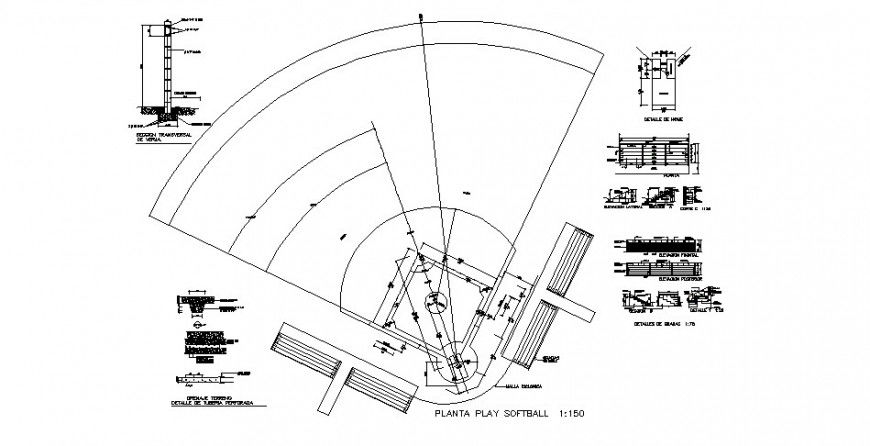 Plan of the soft ball play ground detail drawing in dwg AutoCAD file.