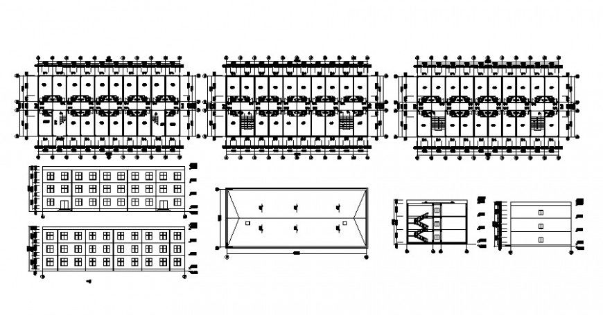 Plan section and elevation of building drawing in autocad