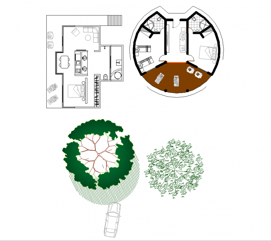 Plan with detail of residential area and tree area with architectural detail dwg file