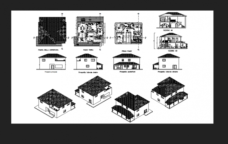 Plan with different side elevation and isometric for family area dwg file