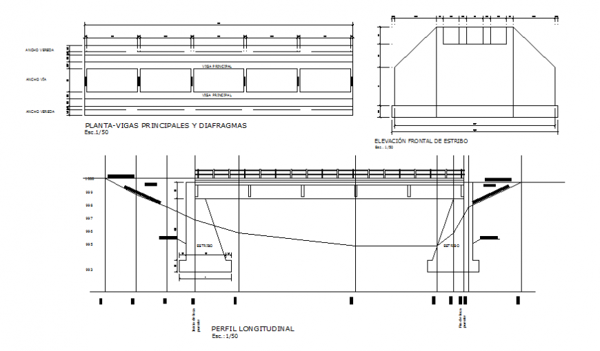 Plant main beams and diaphragms plan and elevation autocad file