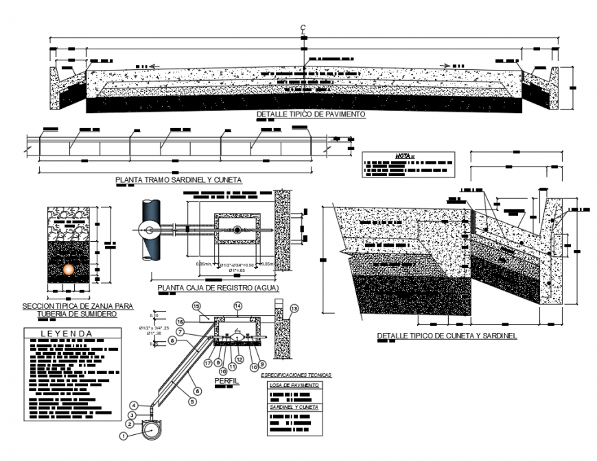 Plant section drainage and cuneta of sanitation paving project details dwg file