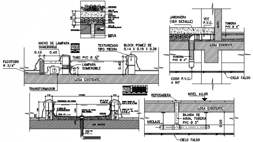 Plantation, water system and garden landscaping details dwg file