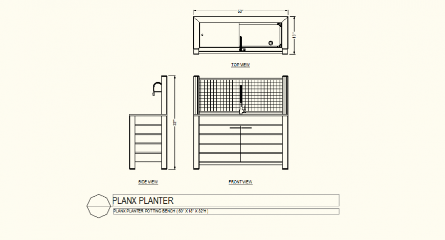 Planx planter potting bench detail plan and elevation autocad file