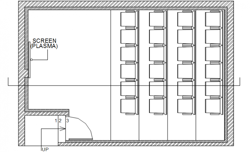 Plasma tv screen layout plan with furniture details of theater dwg file