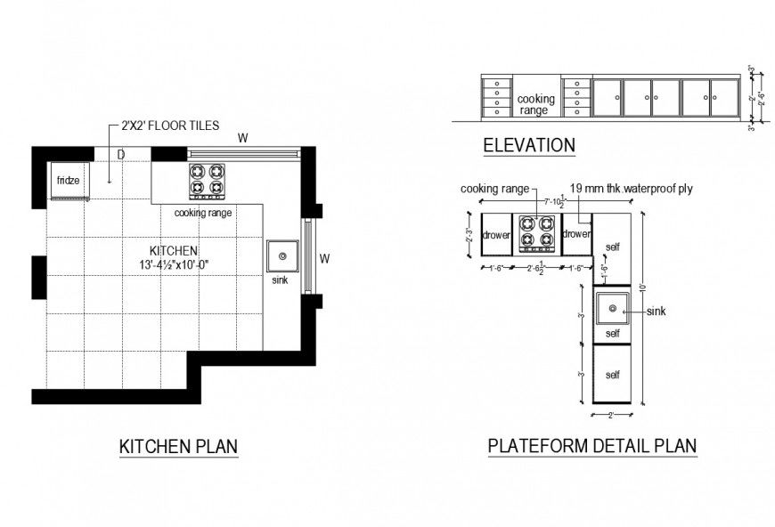 Platform detail plan of a kitchen plan dwg file