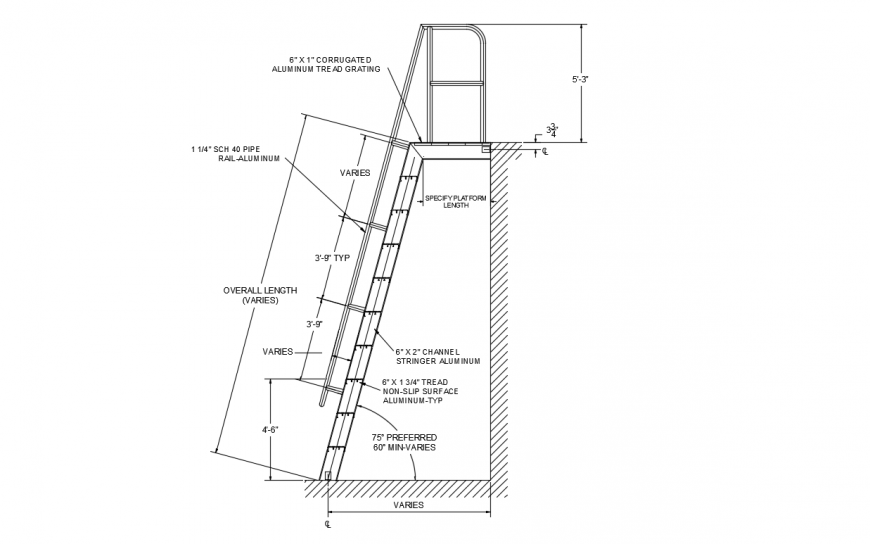 Platform ladder section and structure drawing details dwg file