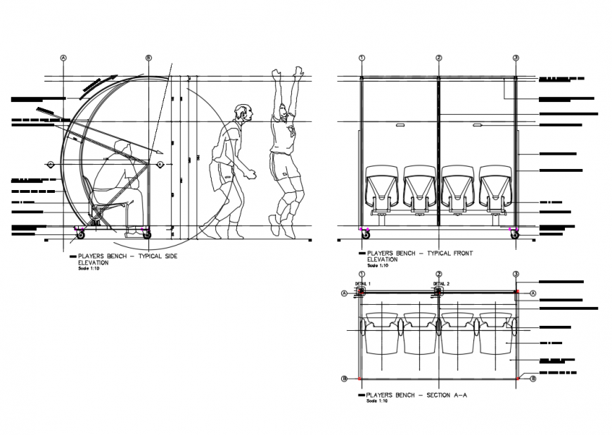 Players Bench Elevation and Plan Design in AutoCAD DWG Format