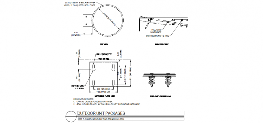 Playground of double ring breakaway in goal with plan and elevation dwg file