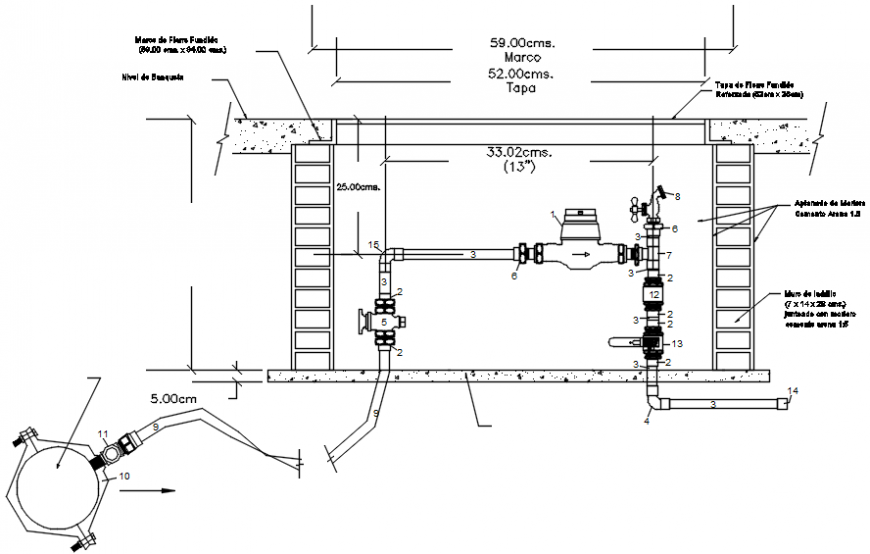 Plumbing detail and wall support in AutoCAD file