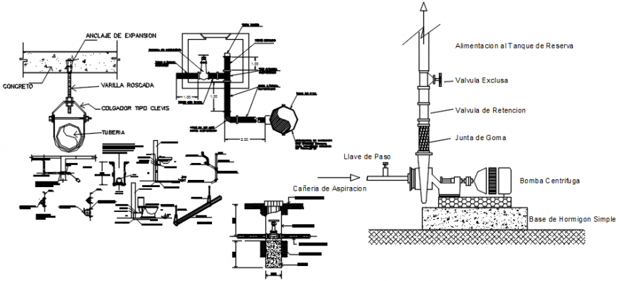 Plumbing detail with dump in PVC pipe and hanging detail in AutoCAD