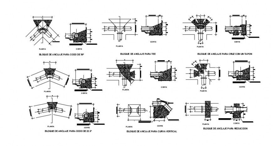 Plumbing details of anchorages of water pipes dwg file