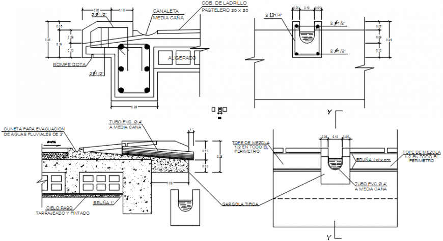 Plumbing structure details of Water drain discharge gargoyle concrete dwg file