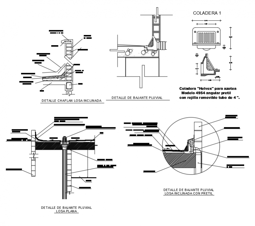 Pluvial drainage of roofs construction details of building dwg file