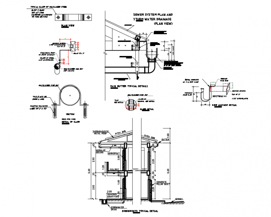 Pluvial drainage of school plumbing construction with downs put typical details dwg file
