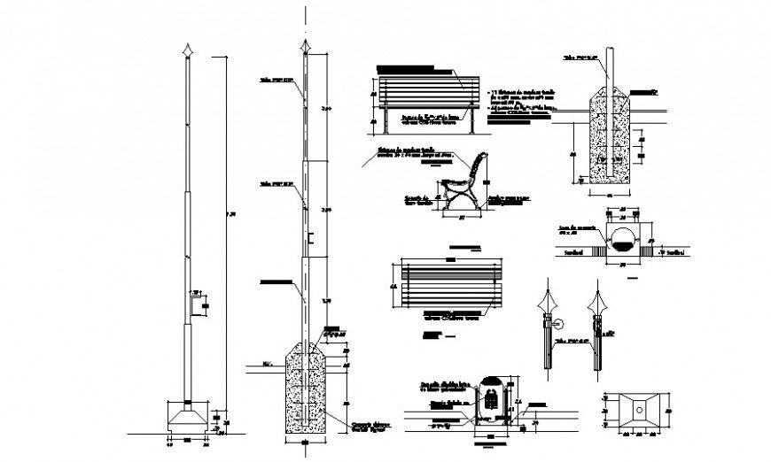 Pole and bench detail 2d drawing autocad file