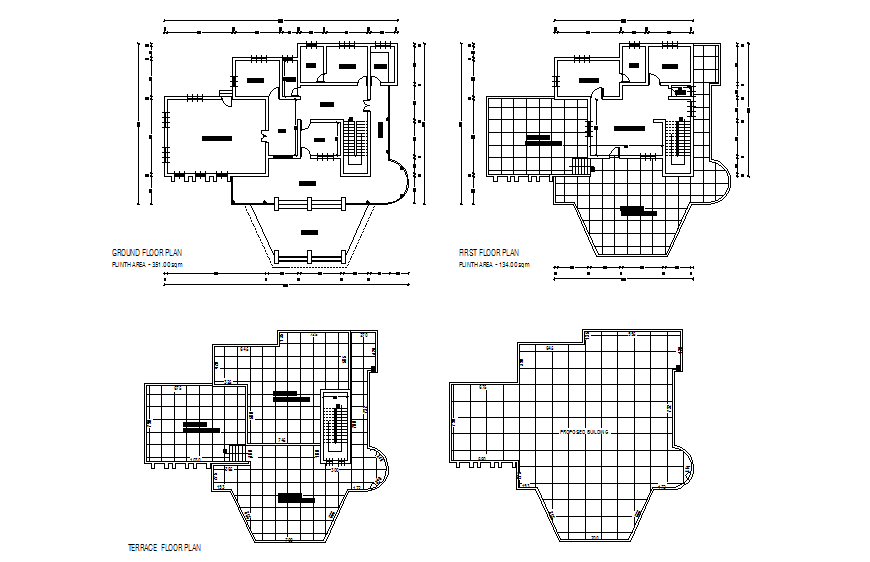 Police residential club house ground, first and terrace floor plan layout details dwg file