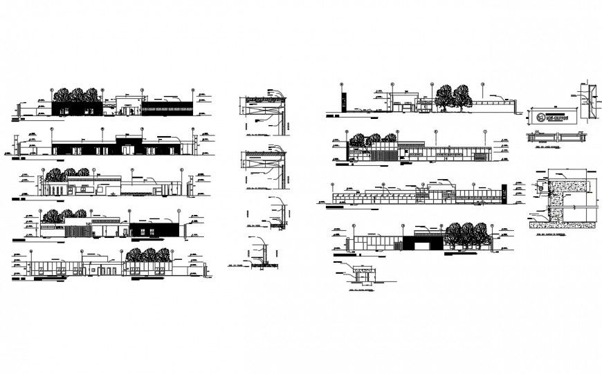 Poly clinic hospital building all sided elevation and section details dwg file