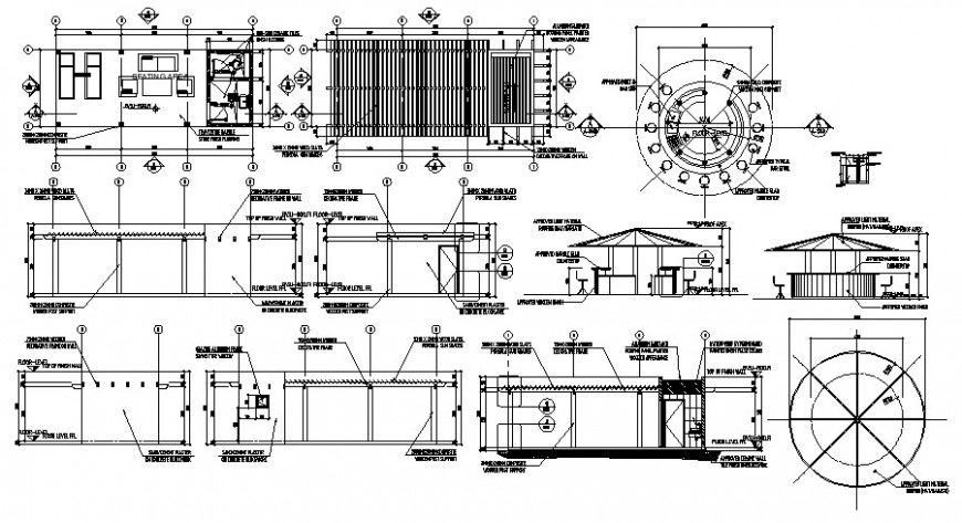 Pool house elevation, section and plan drawing details dwg file