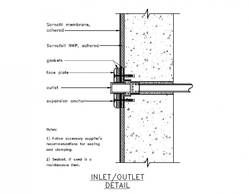 Pools detail suction and injectors in walls section autocad file