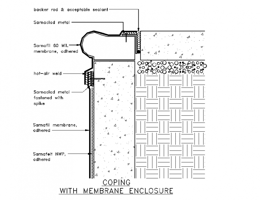 Pools membrane placement detail of superior border section detail dwg file