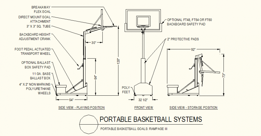 Portable basket ball court detail plan and elevation dwg file