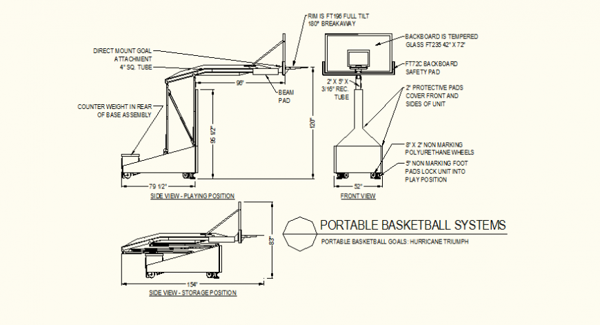 Portable basket system detail plan and elevation autocad file