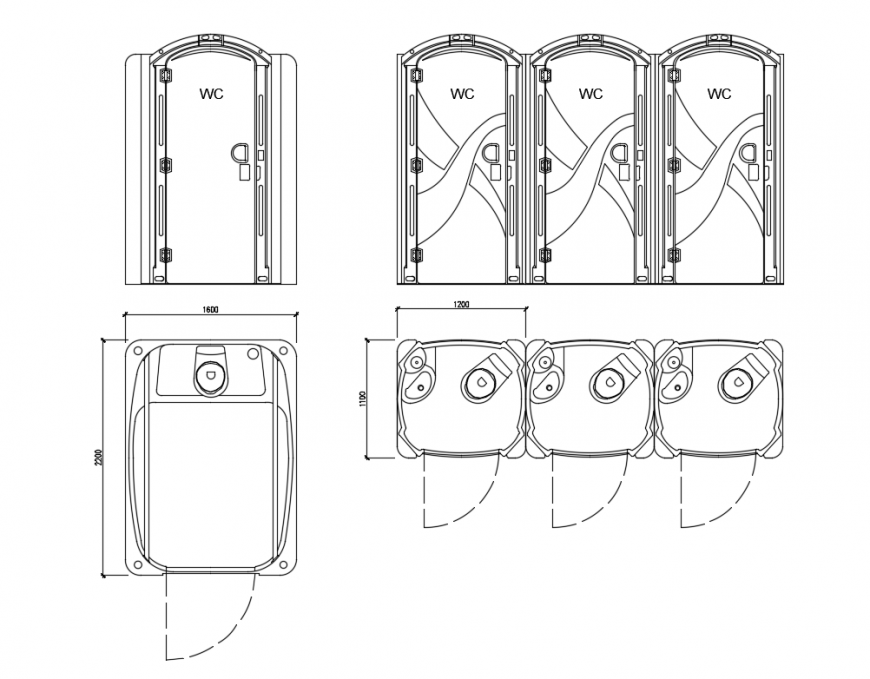 Portable rest rooms doors elevation and sanitary equipment sectional details dwg file