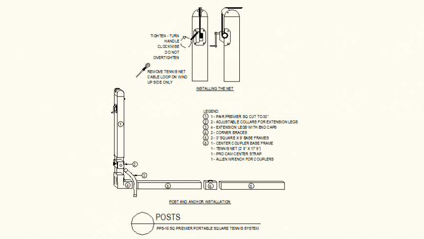 Portable square tennis net detail plan layout file