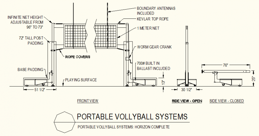 Portable volleyball net detail elevation autocad file