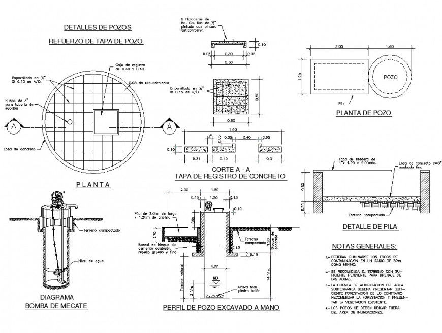 Portable water well detail plan and section in AutoCAD