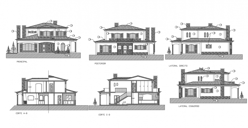Portugal two story house all sided elevation and section cad drawing details dwg file