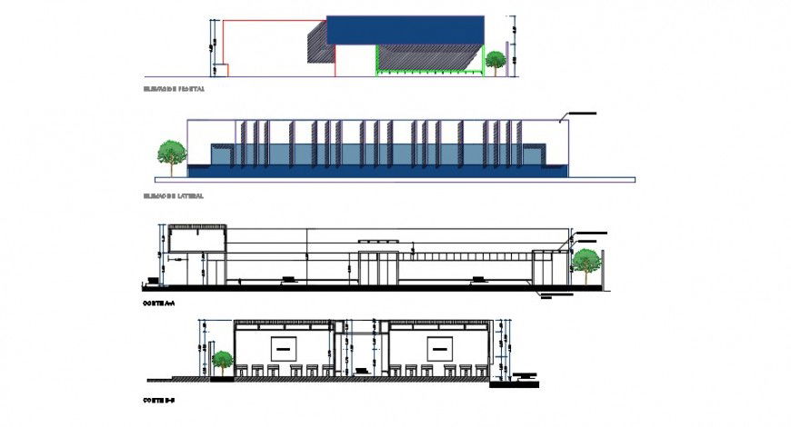 Posh elevation of a school and inner interior detail dwg file