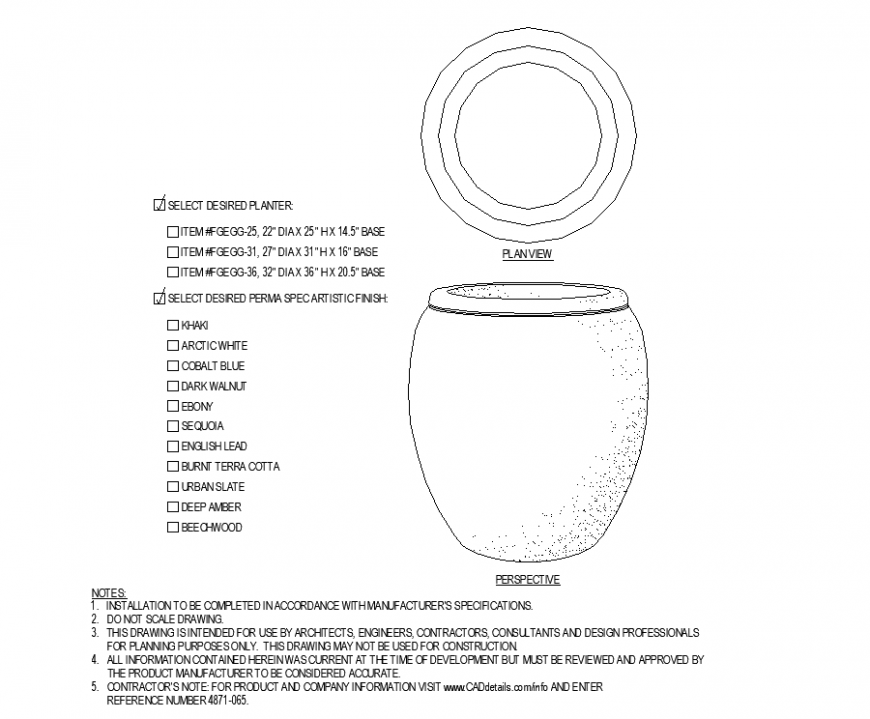 Pot with tumbler shaped plan with detail dwg file.
