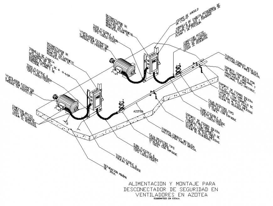 Power and assembly safety disconnection in rooftop fans detail 2d view elevation dwg file