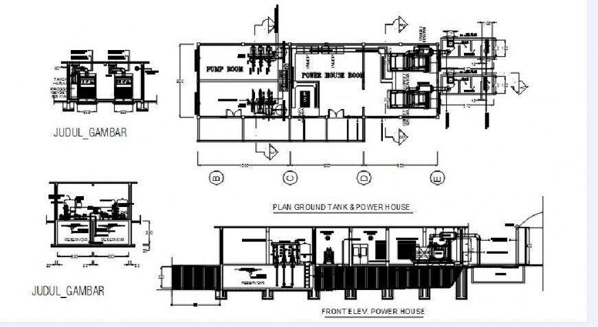 Power house, pump room and water tank section and plumbing drawing details dwg file