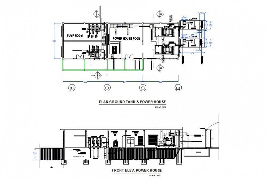 Power house and tank room sectional elevation detail file.