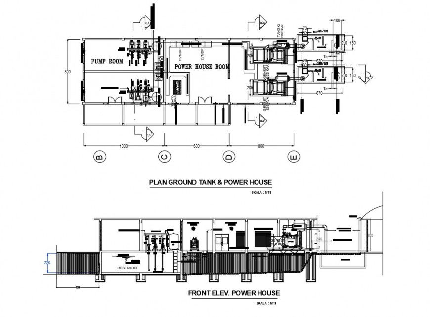 Power house plant ground floor plan, tank and front elevation details dwg file