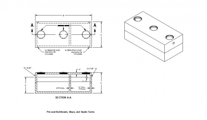 Precast bulkheads steps and septic tank elevation, section and auto-cad details dwg file
