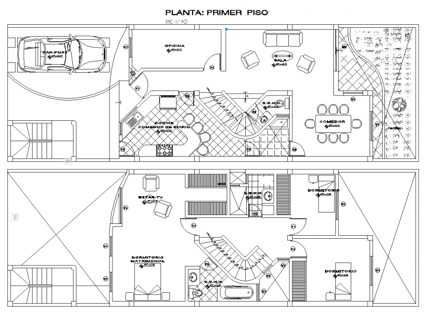 Presentation detail drawing with furniture layout in dwg file.