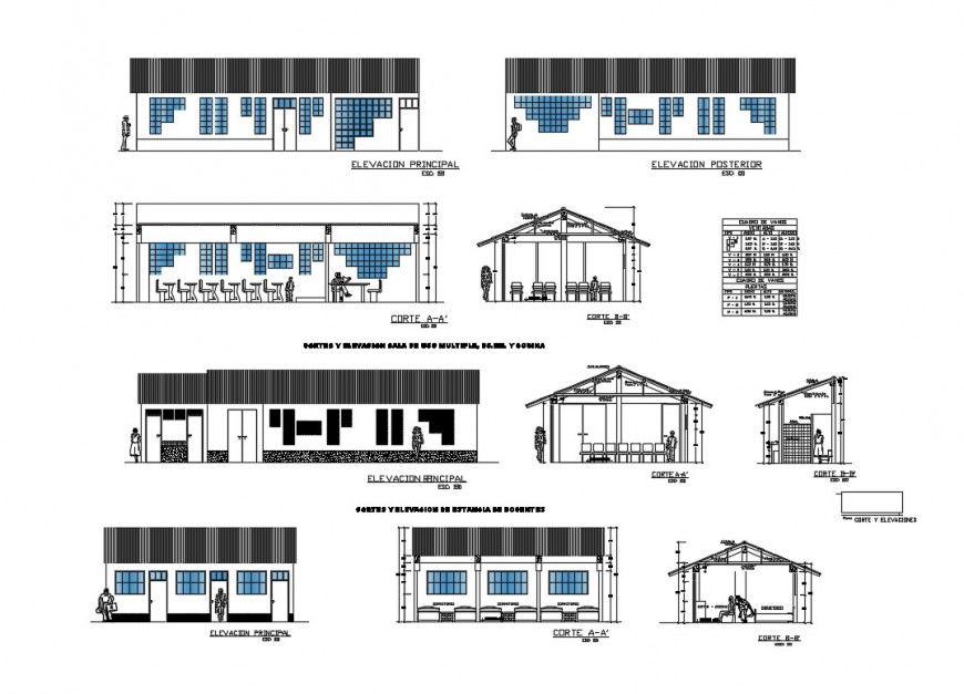 Primary school building all sided elevation and sectional details dwg file
