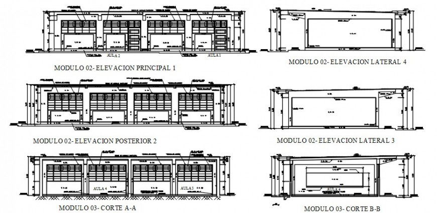 Primary school building all sided elevation and sections drawing details dwg file