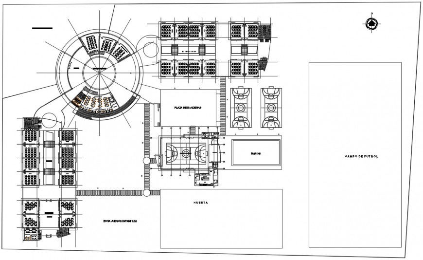 Primary school distribution plan and sports ground details dwg file