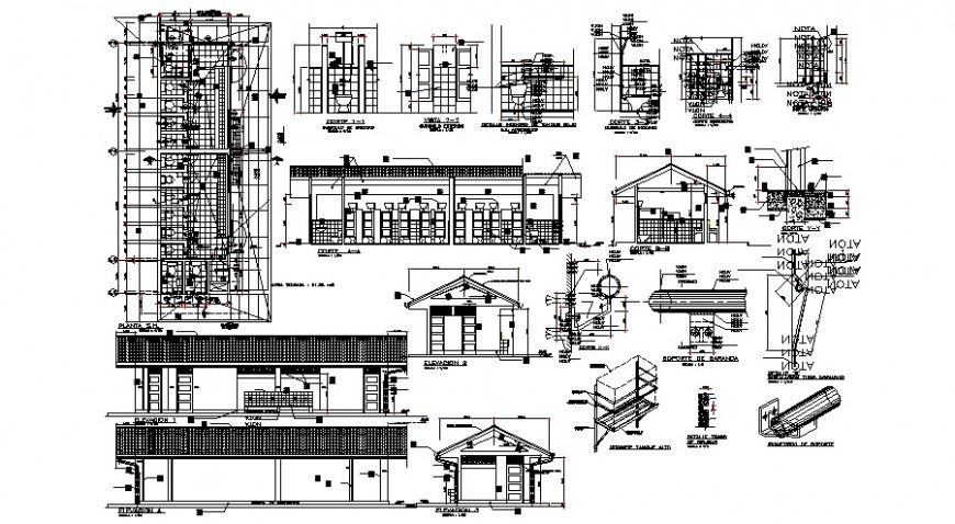 Primary school elevation, class room section and distribution plan details dwg file