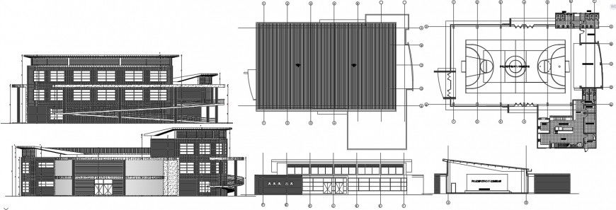 Primary school elevations, section and sports ground drawing details dwg file