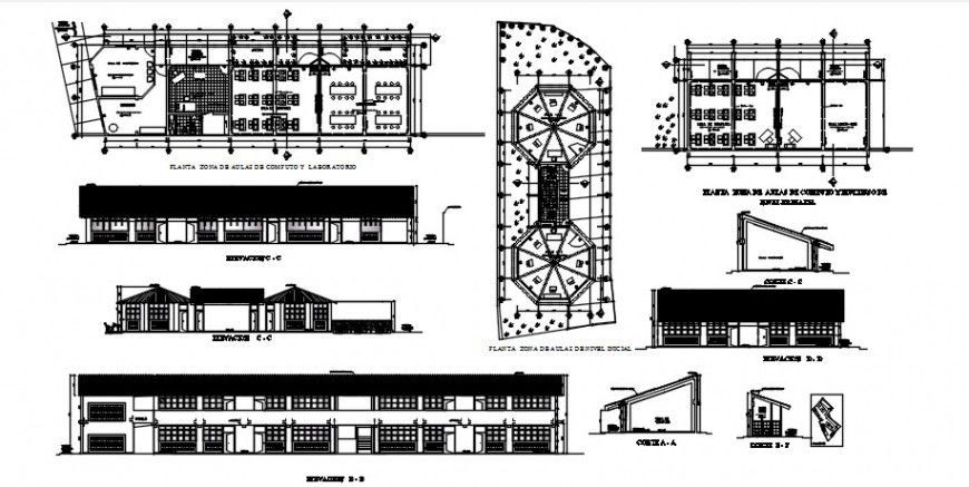 Primary school elevations and floor plan cad drawing details dwg file