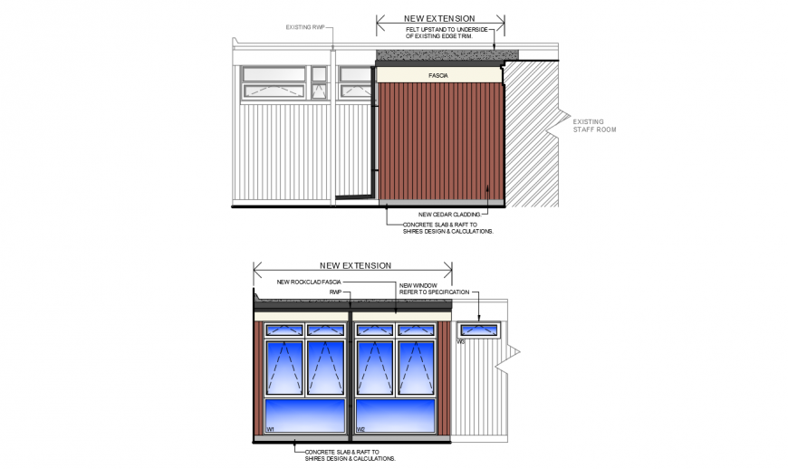 Primary school extension constructive section details dwg file
