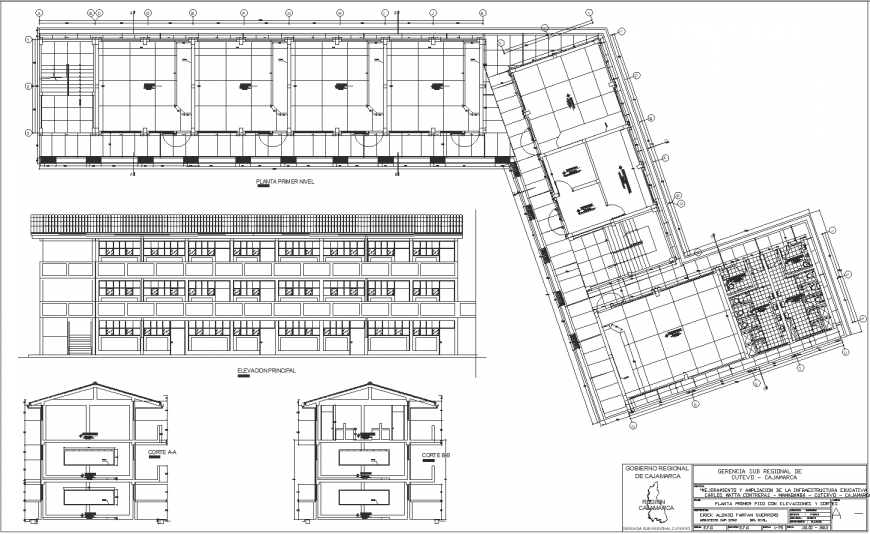 Primary school plan, section and elevation drawing in dwg file.