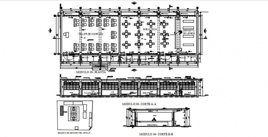 Primary school section and plan with furniture cad drawing details dwg file